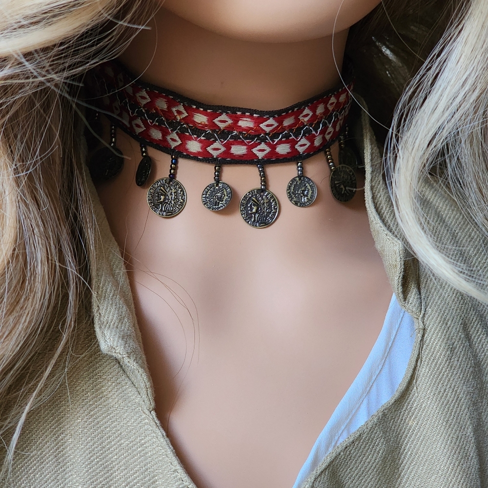 FP Jewelry Boho Choker Embellished Coins Embroidered Ethnic Necklace